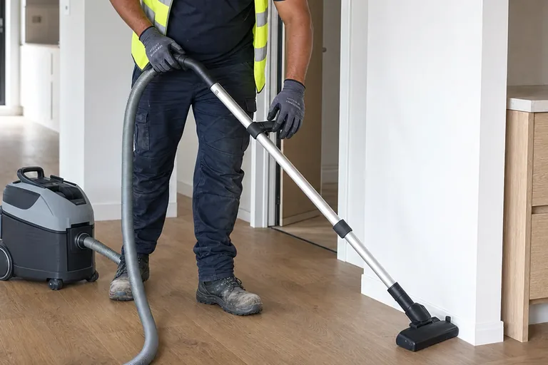 Professional cleaner vacuuming settled residue in a completed new home