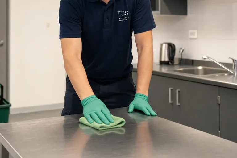 Cleaner wiping a kitchen benchtop