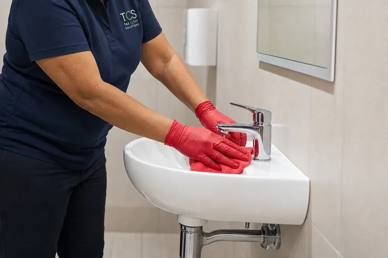 Professional cleaner cleaning a commercial hand wash area with red coded equipment