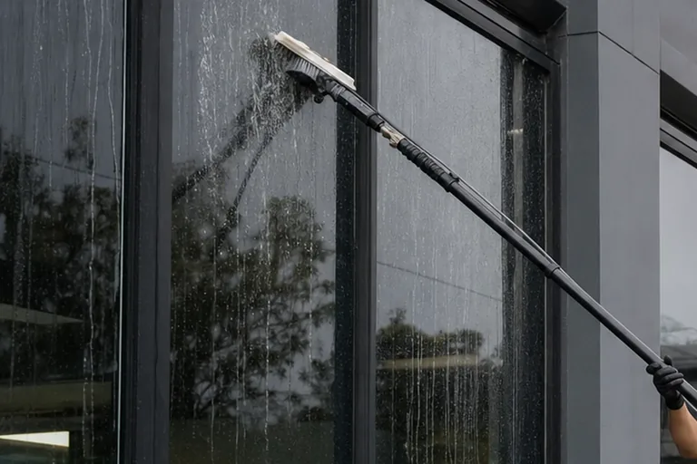 Professional cleaner cleaning commercial glass from ground level with a water fed pole