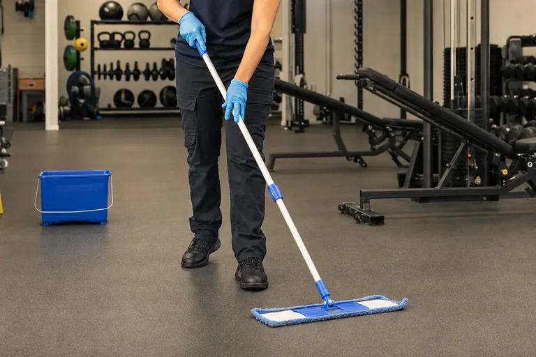 Professional cleaner mopping a gym floor outside member hours