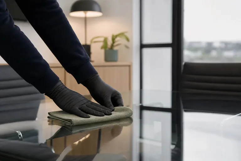 Cleaner wiping a desk in a professional workplace