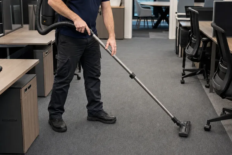 Professional cleaner vacuuming between workstations in an office