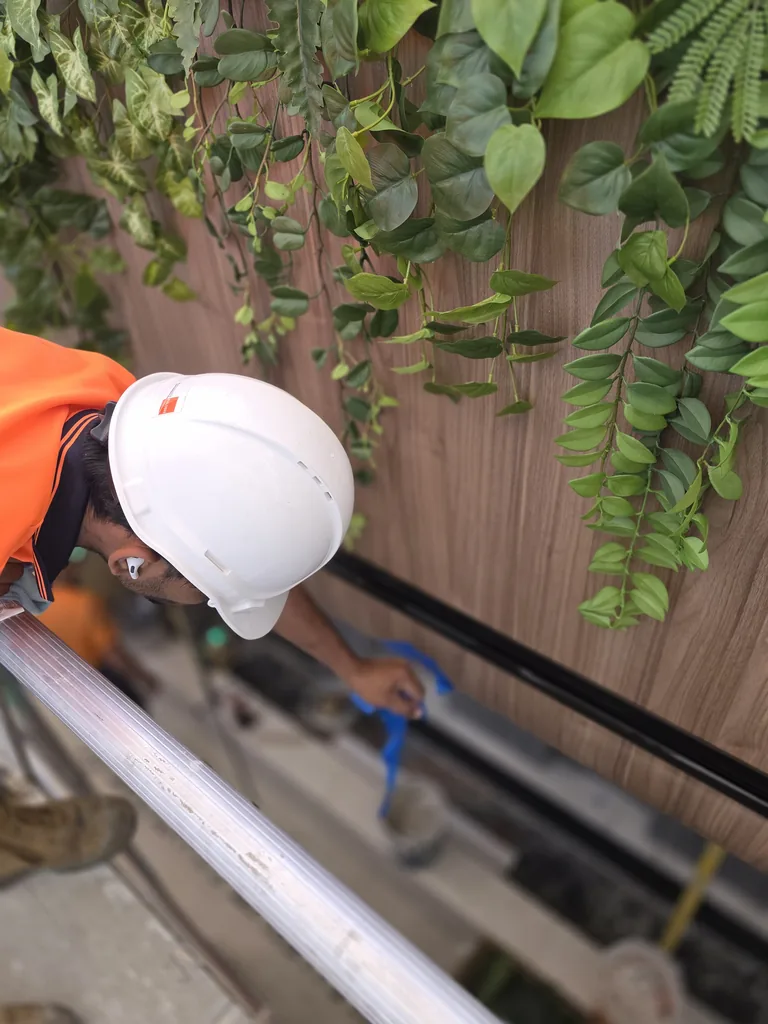 Cleaner in a hard hat and orange hi-vis detailing beside the planted feature at Watergarden